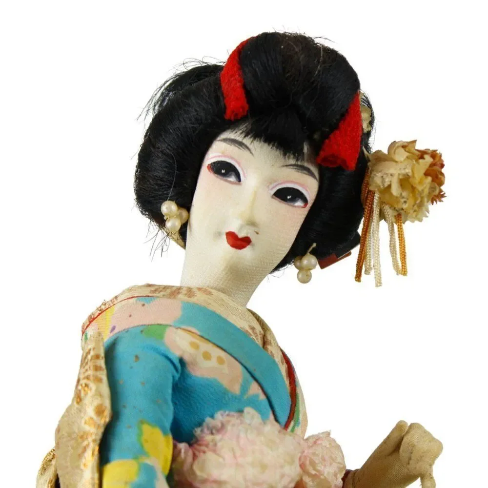 Vintage Japanese Geisha Doll Figurine in Traditional Turquoise Silk Crepe Kimono